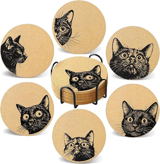 Coasters for Drinks with Holder Set of 6, Curious Cat Cork Coaster Absorbent for Office Desk Cat Table Coasters Kitchen Decor House Warming Gifts for New Home Couples, Round 4"