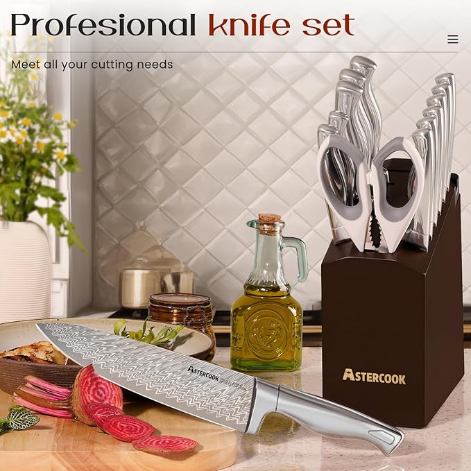 Astercook Knife Set, 15-Piece Kitchen Knife Set with Block and Built-in Sharpener, Ultra-Sharp German Stainless Steel Knife Block Set, Ergonomic Handle, Dishwasher Safe