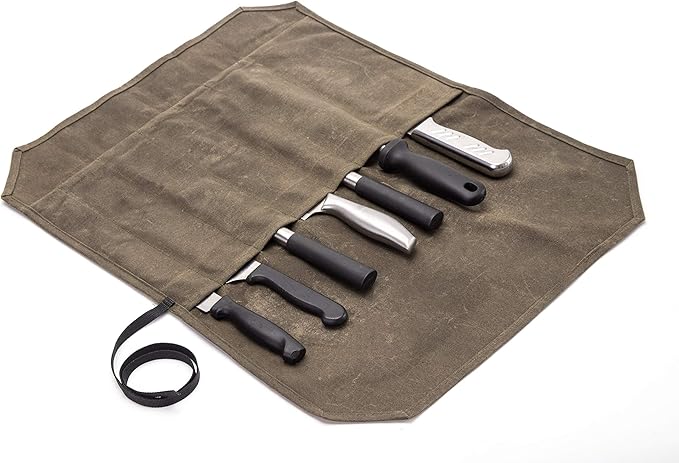 HERSENT Chef’s Knife Roll Case, Waxed Canvas Cutlery Knives Holders Protectors, Home Kitchen Cooking Tools And Utensils Wrap Bag Wallet, Multi-Purpose Brush Roll Bag, Travel Tool Roll Pouch
