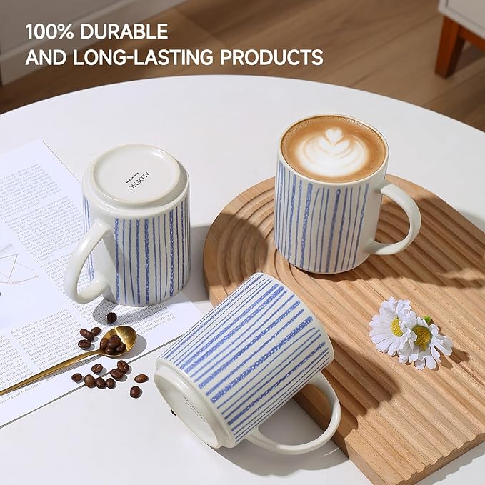 Ceramic Mugs Set of 6, Modern 17oz Coffee Mugs, Stackable Coffee Cups with Handpainted Blue Stripe Pattern, Dishwasher and Microwave Safe Mugs for Home & Office