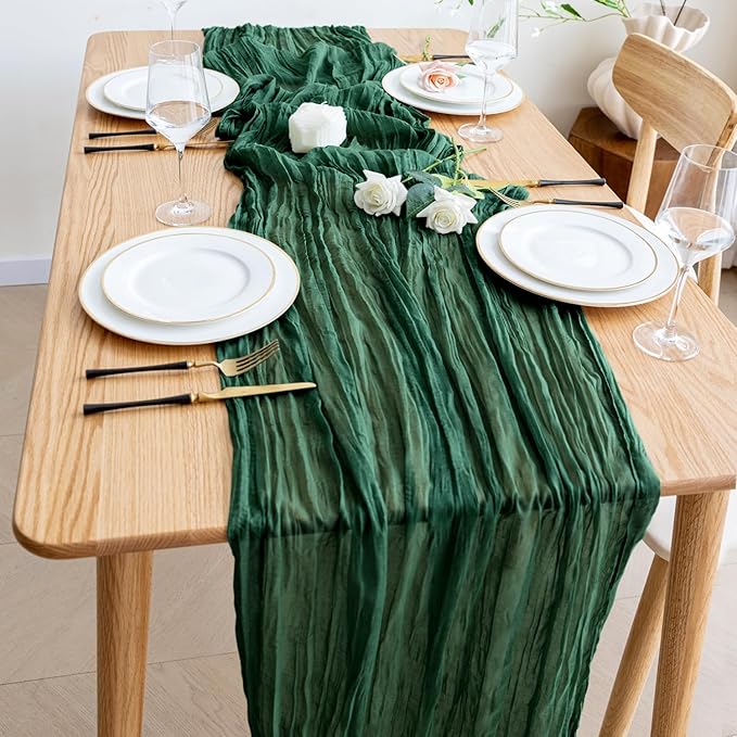 Wokceer Cheesecloth Table Runner 3Pack 10FT Emerald Green Christmas Boho Gauze Cheese Cloth Table Runner for Party Long Rustic Sheer Table Runners for Baby Bridal Shower Wedding Easter Table Decor
