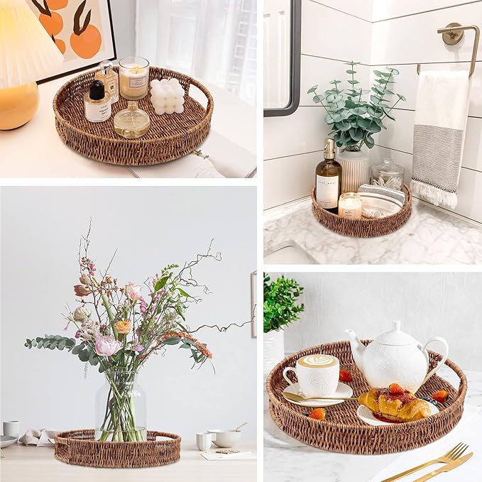 Coffee Table Tray 2 Pack Rattan Woven Basket Multifunctional Round Rattan Serving Tray with Handles, Decorative Trays for Home Decor, Kitchen Counter, Living Room