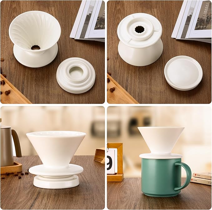 Polydremio Pour Over Coffee Maker, Ceramic Coffee dripper with 100 pcs V60 Paper Filter, Ceramic coffee Server with Lid, 15.5oz/450 ml, Suitable for 1-2 people (White A)