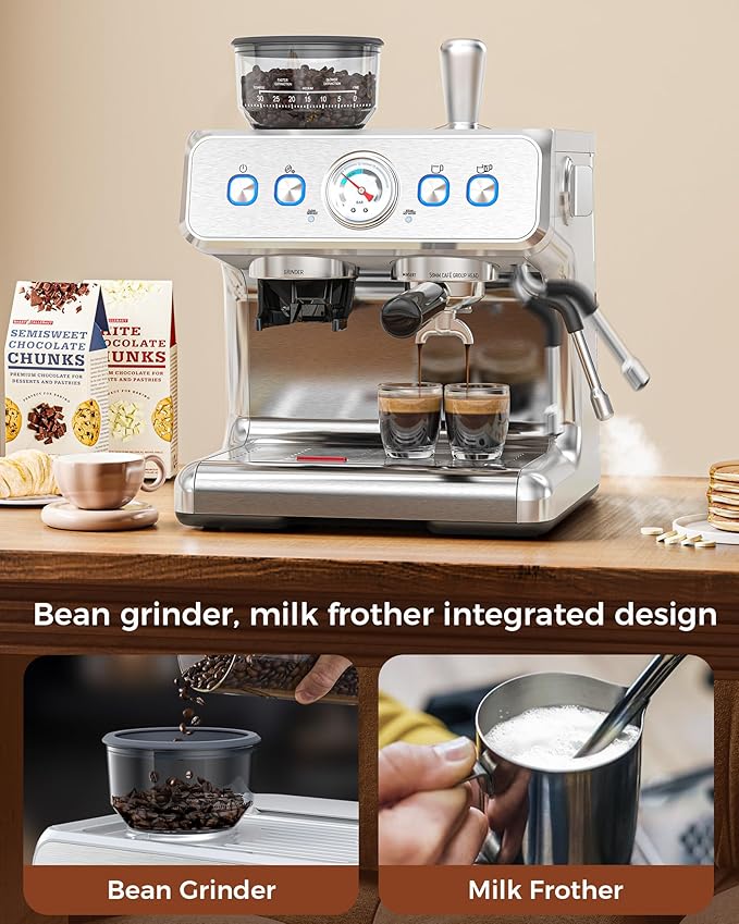 COWSAR 15 Bar Espresso Machine with Grinder & Milk Frother Steam Wand, 58mm Commercial Espresso Maker for Cappuccino and Latte, Perfect Expresso Coffee Machines for Home and Café Use
