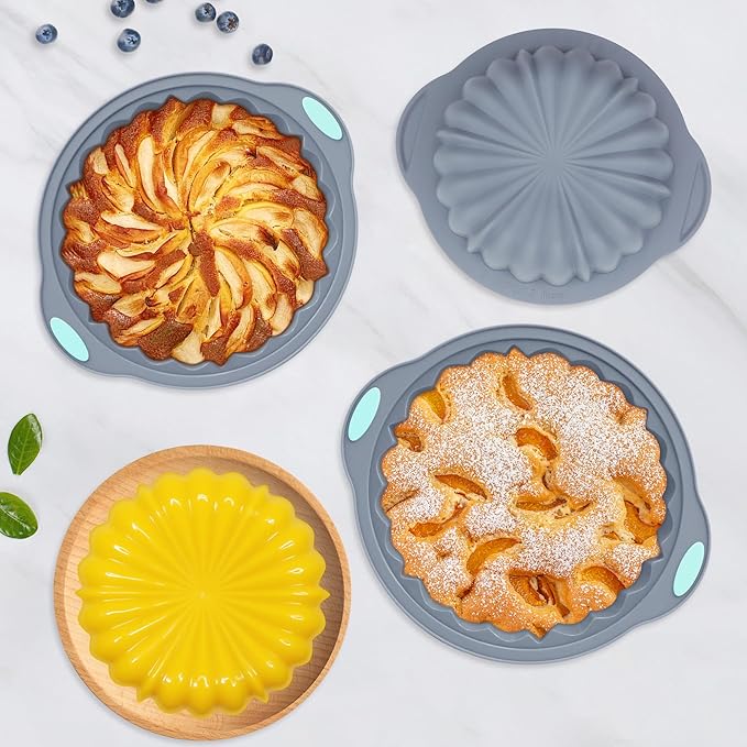 Jasybo 3-Piece Silicone Round Cake Pan Set, Metal-Frame Non-Stick Baking Trays, Jelly Molds, Non-Stick Grooved Cake Molds, Suitable for Breads, Meat Patties, Cakes, 5/7/9 Cups, Light Gray