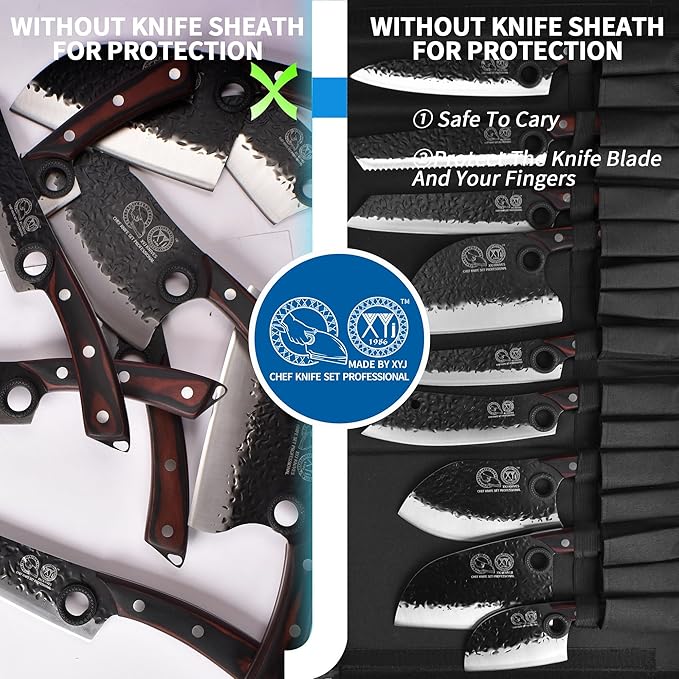 XYJ Professional Serbian Chef Knife Set with Roll Bag, Japanese Culinary Knives, Meat Cleaver, Kitchen Chopping Knife, and Protective Sleeves, Perfect for Home Cooking or Outdoor Camping (13)