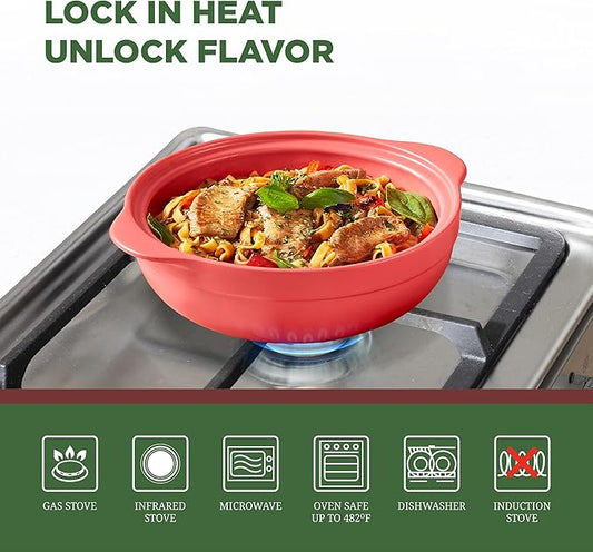 MINH LONG 2-Qt Porcelain Dutch Oven with Lid – Lead & Cadmium Free, Oven Safe to 482°F, Heat Retention, Clay Pot for Cooking on Gas & Infrared Cooktop, Use to Marinate, Cook, Bake, Refrigerate & Serve