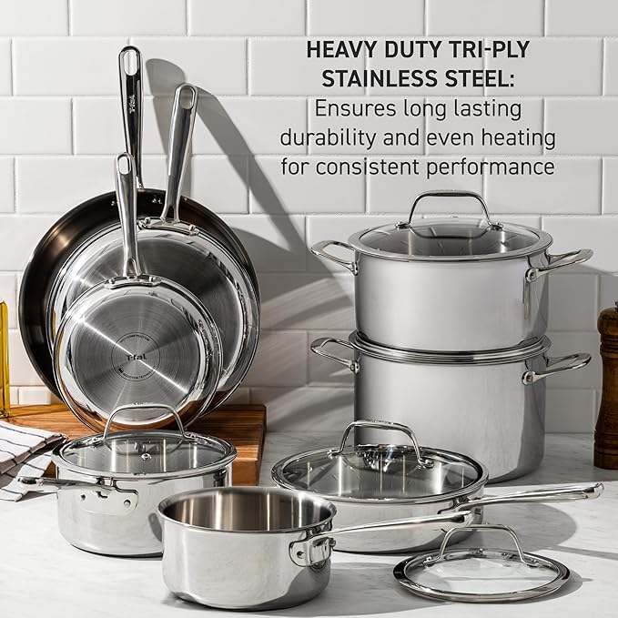T-Fal Pro Tri-Ply Stainless Steel Cookware Set 13 Piece Induction Compatible, Oven Safe 500F, Lids 350F, Fast & Even Heat, Pots and Pans Set, Professional Quality, Kitchen Essentials, Silver