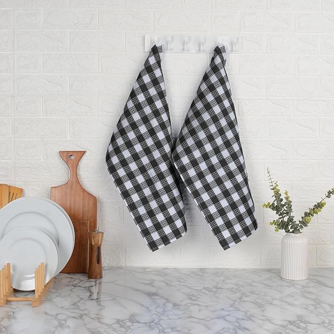 Blue Needles Waffle Weave Check Plaid Kitchen Towels, 15x25 Inches 100% Cotton Set of 6 Dish Towels for Kitchen, Ultra Soft & Absorbent for Quick Drying with Hanging Loop Spring Summer - Black & White