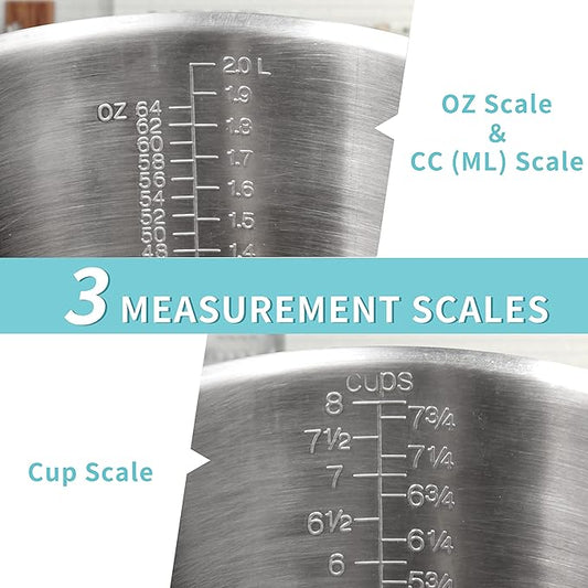 Measuring Cup, [Upgraded, 3 Measurement Scales, Including Cup Scale, ML Scale, Ounce Scale], Newness Stainless Steel Measuring Cup with Marking with Handle, 64 Ounces (2.0 Liter, 8 Cup) (Pack of 2)