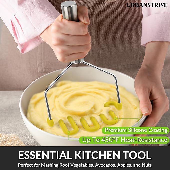Urbanstrive Non-Scratch Silicone Potato Masher Kitchen Tool, Potatoes Masher Potato Masher Stainless Steel Wrapped In Premium Silicone, Potato Smasher, Yellow