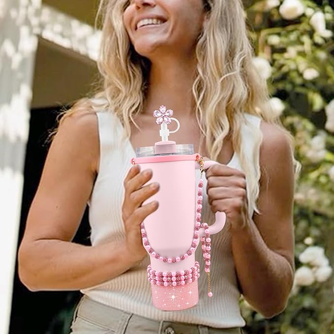 9PCS Pink of Stanley Cup Accessories Set 30/40 OZ Bling Pearls Rhinestones Charms for Stanley Decorations Tumbler Accessories Including Flower Straw Topper, Rhinestones Boot 30/40 OZ