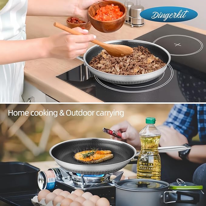 Dingerkit Non Stick Frying Pans, 10 inch Stainless Steel Nonstick Fring Pan with Honeycomb for Kitchen Cooking - Skillet for Cookware - Works with Induction Cooktop Ceramic and Gas.