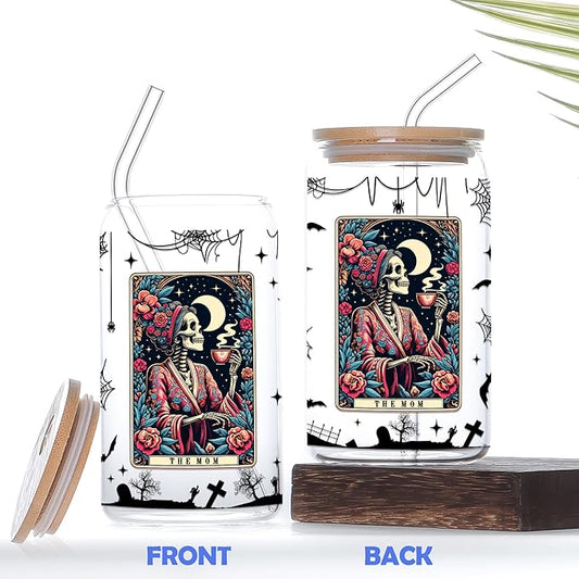 Funny Skeleton Mom 16 Oz Iced Coffee Cups Tarot Card Halloween Glass with Lids and Straws Spooky Skull Drinking Glasses Mommy Witchy Mugs Gothic Christmas Gifts for Women Mama Aunt Coworkers