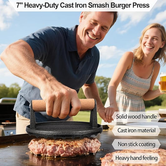 7" Cast Iron Smash Burger Press, Hamburger Press Patty Maker, Stainless Steel Spatula, Nonstick Patty Papers, Seasoning Shaker and Brush, Smash Burger Press Kit for Blackstone Griddle Grills