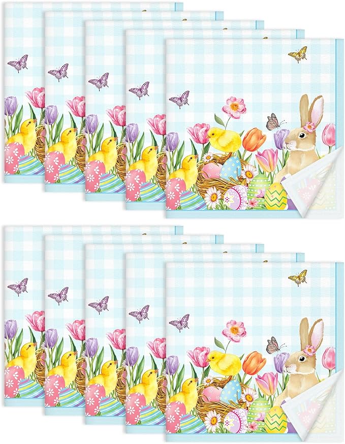 Easter Bunny Napkins, 18×18 Inch Egg Flower Butterfly Dinner Cloth Napkin Set of 10, Washable Cotton Soft Absorbent Square Napkins for Dining Kitchen Party Wedding Decoration