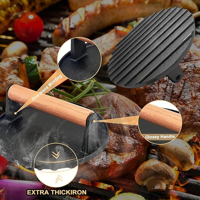 Iron Burger Press, 6.8'' Round Heavy-Duty Cast Iron Smash Bacon Press, with Non-Slip Wooden Handle, Grill Weight for Griddle, Sandwich, Nonstick Pan
