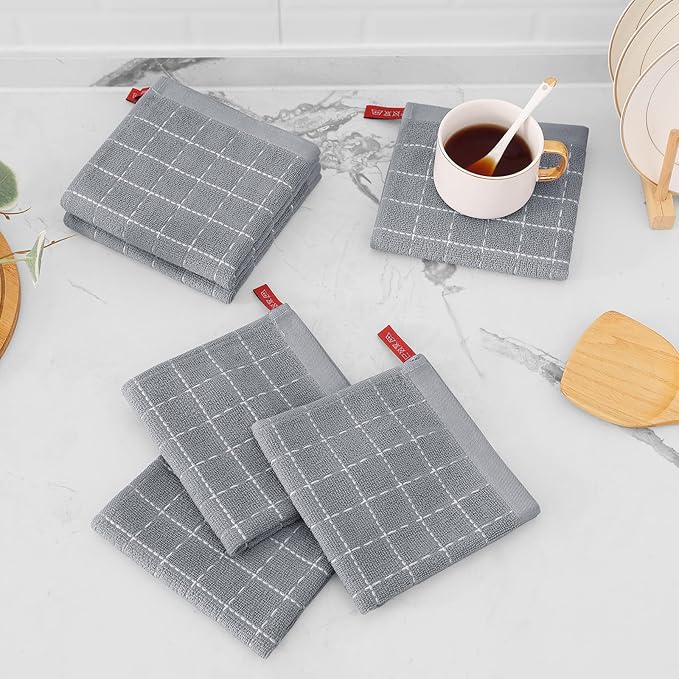 Mordimy 100% Cotton Terry Cloth Dish Cloths, Soft and Absorbent Checkered Dish Towels, Quick Drying Dish Rags for Washing Dishes, 6 Pack, 12 x 12 Inches, Light Grey