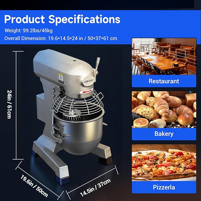 EKway Commercial Food Mixer 10Qt,500W Commercial mixer 3-Speed Adjustable with Timing Function, Industrial Dough Mixer with Stainless Steel Bowl for Bakery Pizzeria (Upgrade)