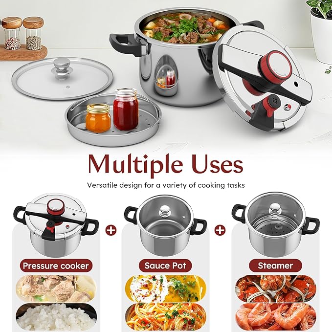 BreeRainz 3-In-1 Stainless Steel Pressure Cooker 8.45QT, 3-Stage PSI Settings, One-Hand Locking,Explosion-Proof Pot w/Extra Glass Lid, Timer, Steaming Rack(Induction Compatible Olla de Presion)