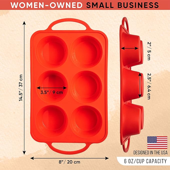 BAKE BOSS [2 PACK] Jumbo Muffin Pan, 3.5" Large Muffin Pan 6 Cup - Silicone Jumbo Muffin Tin for Baking BPA Free Non Stick - RED