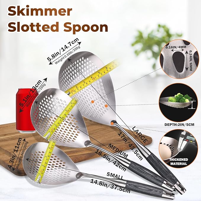 Skimmer Slotted Spoon Set of 3 - Stainless Steel Pasta Tools Spider Strainer Ladle Spoon with Wooden Handle for Cooking and Frying - Kitchen Utensils Spaghetti Strainer Colander - 14.8In,16.5In,17In