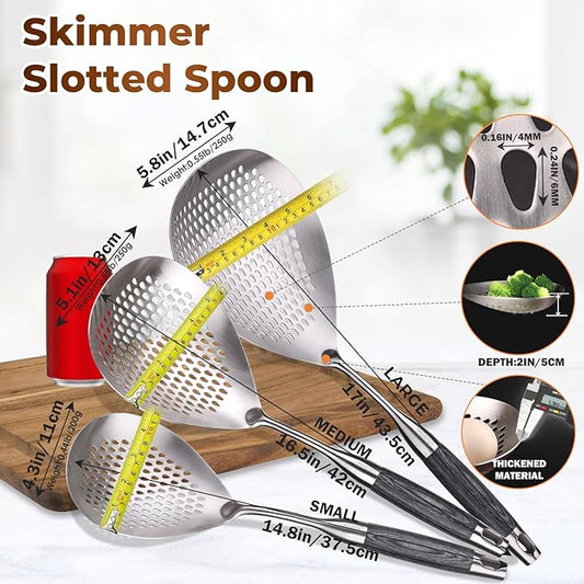 Skimmer Slotted Spoon Set of 3 - Stainless Steel Pasta Tools Spider Strainer Ladle Spoon with Wooden Handle for Cooking and Frying - Kitchen Utensils Spaghetti Strainer Colander - 14.8In,16.5In,17In
