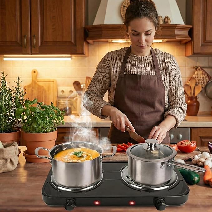 2000W Electric Portable Double Burner Coil Heating Hot Plate Stove Countertop RV Hotplate Temperature Controls Easy to Clean for Camping RV Kitchen (Black) ﻿