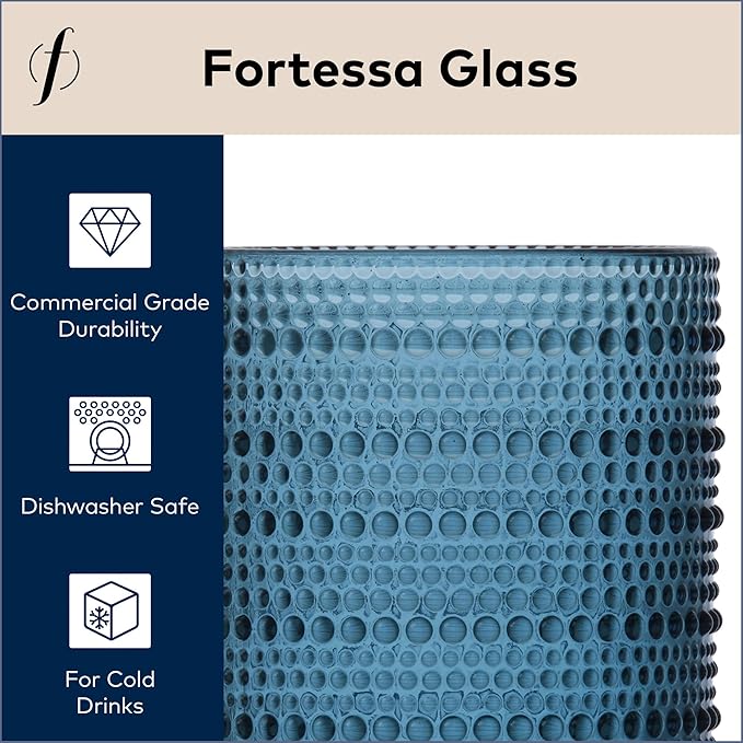 Fortessa Jupiter Beaded Hobnail Glass, 13 Ounce Iced Beverage (Set of 6), Cornflower Blue