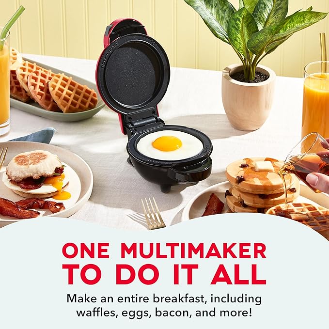 Dash MultiMaker® Mini System - Compact Waffle Maker for Family Breakfasts - Removable Griddle Plates & nonstick surface - 5 Plates - Red