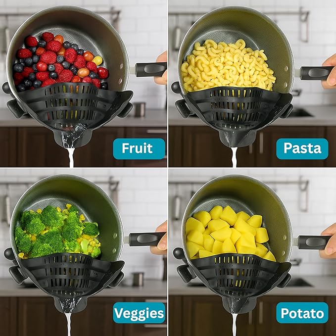Clip on Strainer Silicone for All Pots and Pans, Colander, Pot Strainer for Pasta, Meat, Vegetables, Space Saving Design, Food-Safe, with Collapsible Funnel, Garlic Peeler, 3 Pack (Black)
