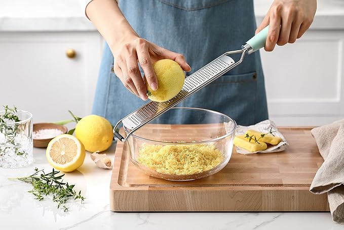 Spring Chef Stainless Steel Lemon Zester Grater with Handle - Garlic, Cheese, Parmesan, Nutmeg, Lime, Ginger Grater - Heavy Duty Kitchen Tool - Citrus Zester with Blade Cover - Fine Shred - Mint