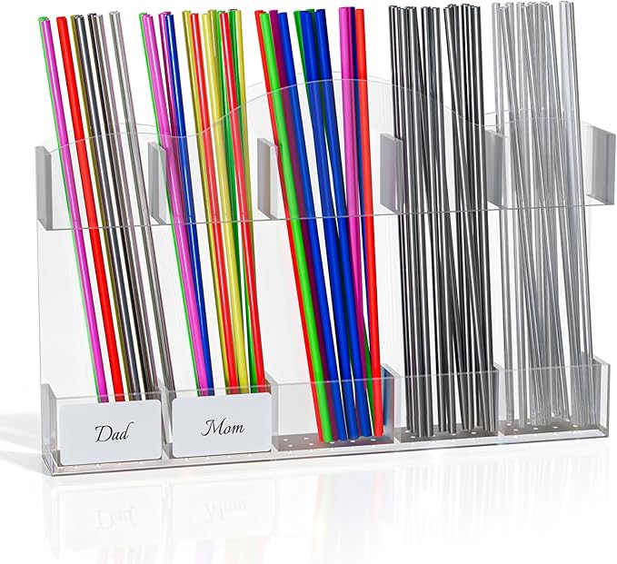 9.8" Acrylic Straw Holder for Cabinet Door - Straw Organizer with Ultra-Sticky Adhesive, Kitchen & RV Essensials, 5-Compartment Storage for Reusable Straws & Brushes, Colored Pencils, Markers