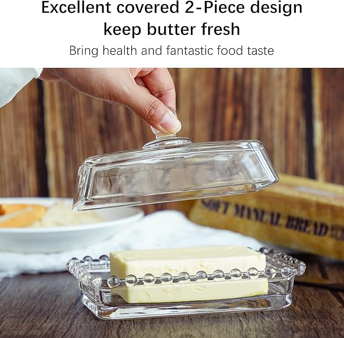 6.5'' Clear Glass Butter Dish with Handled Lid,Classic 2-Piece Design Butter Keeper For Countertop,Dishwasher Safe
