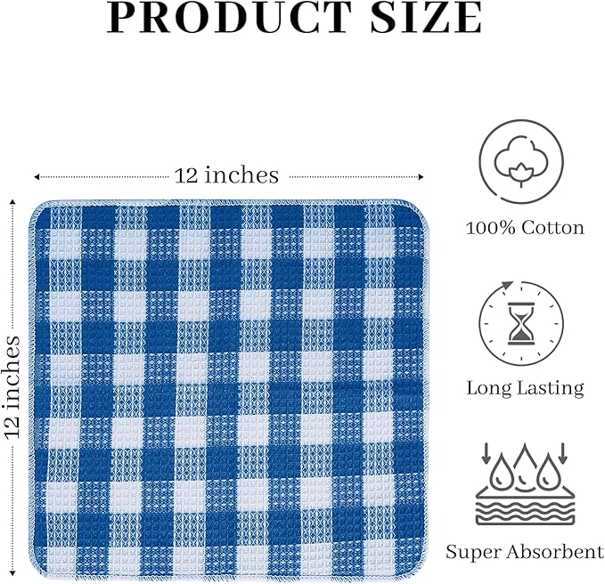 Blue Needles Waffle Weave Check Plaid Dish Cloths, 12x12 Inches 100% Cotton Set of 8 Dish Towels for Kitchen, Ultra Soft & Absorbent Kitchen Towels for Quick Drying Spring Summer - Sky Blue & White
