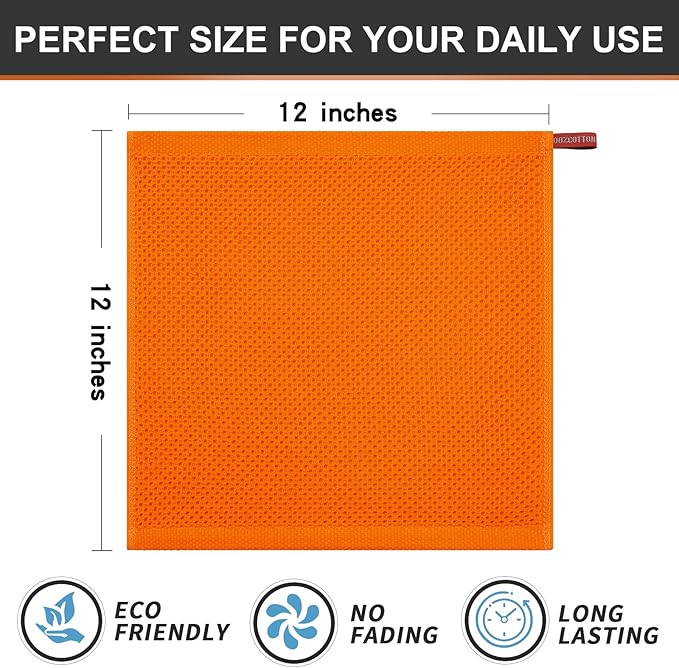 Kitinjoy 100% Cotton Kitchen Dish Cloths, 6 Pack Waffle Weave Ultra Soft Absorbent Dish Towels for Drying Dishes Quick Drying Kitchen Towels Dish Rags, 12 X 12 Inches, Orange