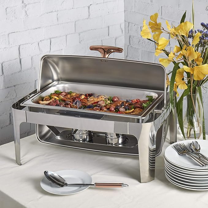 Denmark Tools for Cooks Celebrations Cookware Collection 5 Piece 9.5-Quart Rectangular Heavy Gauge Stainless Steel Chafing Dish Set with Roll Top Lid for Entertaining & Catering