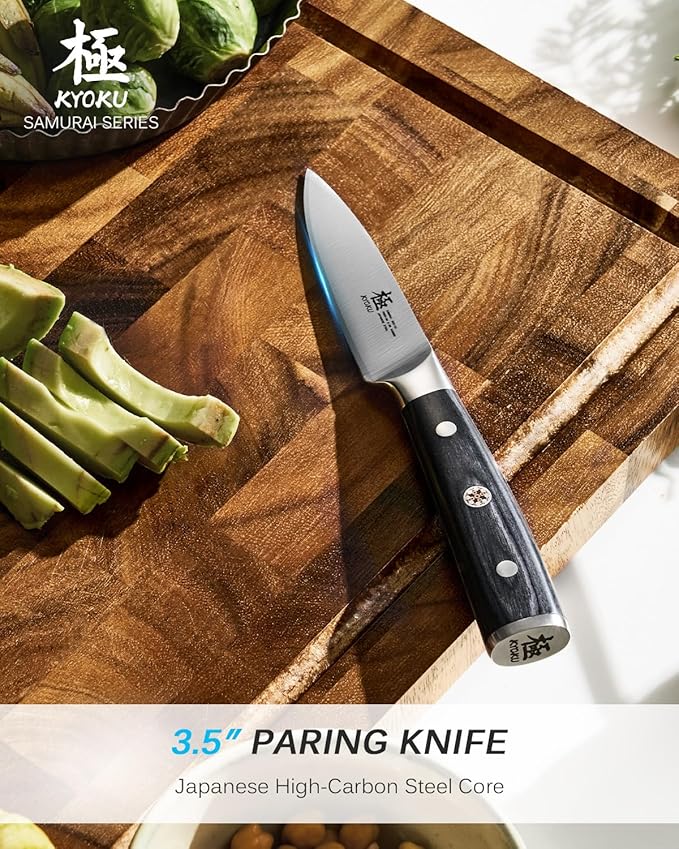 KYOKU 3.5" Paring Knife, Samurai Series Peeling Knife with Pakkawood Handle, Japanese Style High Carbon Steel Sharp knife, Full Tang Small Knife for Fruit Peeling & Slicing with Sheath and Case