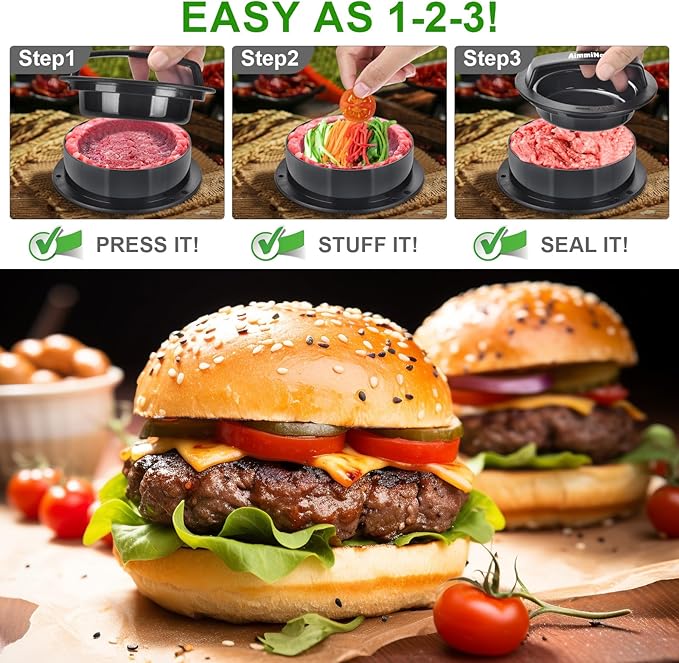 Hamburger Press Patty Maker, Hamburger Press, Burger Press, 3 in 1 Stuffed Burger Press Patty Maker, Hamburger Patty Maker for Grilling, Stuffed Burgers, Sliders, Beef Burger