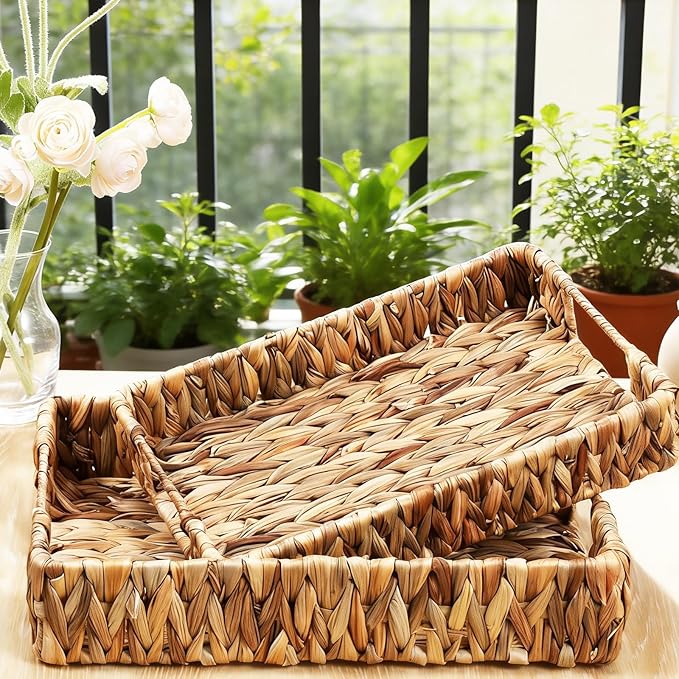 2 PCS Wicker Tray, Hyacinth Storage Baskets with Handle Shallow Basket Handmade Woven Tray Small Wicker Baskets Rectangular for Bathroom, Living Room and Kitchen Decoration or Storage