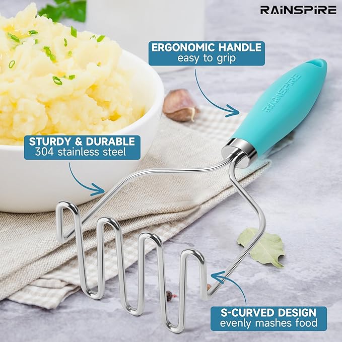Rainspire Potato Masher Stainless Steel, Mashed Potato Masher Kitchen Tool, Durable Mash Potatoes Masher, Soft Non-slip Handle, Kitchen Utensils, Kitchen Gadgets (Blue)