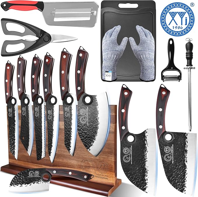 XYJ Knife Block Set, Professional Kitchen Knife Set with Magnetic Knife Block, Cutting Board, Honing Steel, High-Carbon Steel forged Blades, Chef's Knife, Cleaver, Carving Knife, Full Tang Design