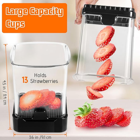 2 Pack Fruit Slicer Cup for Strawberry, Banana, Hard-Boiled Egg - Detachable Cutter with Push Plate - Rapid & Safe Slicing Kitchen Gadget for Quick Meal Prep(Black + Red)