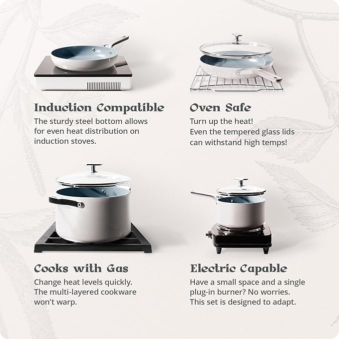 Premium Non-Toxic Ceramic Cookware Set – Triple-Layer Nonstick 12 Piece Pots and Pans with Lids, PFAS-Free, Oven Safe for Healthy Meals, Space-Saving Design, Birch White Color | Greater Goods