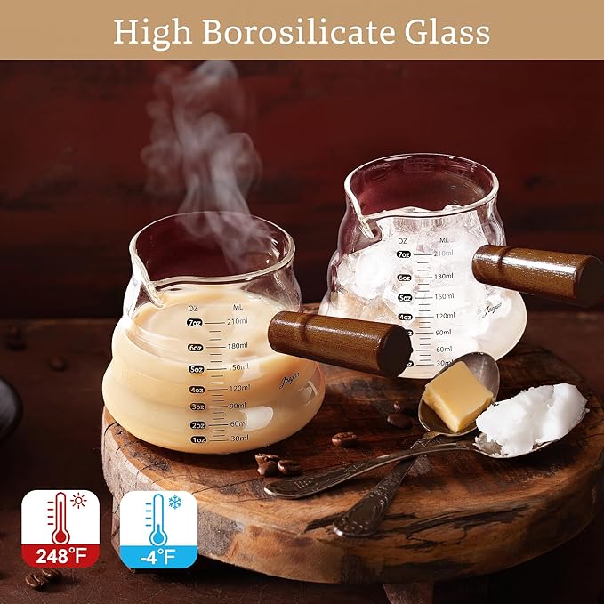 Joeyan 7 oz Glass Measuring Cup, Espresso Shot Glasses with Spout and Wooden Handle, Clear Milk Frothing Pitcher, Wave Shaped Borosilicate Espresso Bar Accessories for Coffee