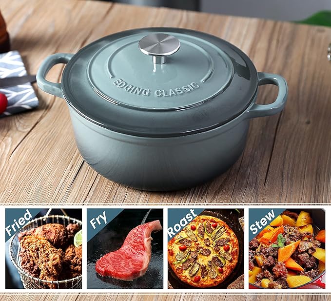 EDGING CASTING Enameled Cast Iron Covered 5.5 Quart Dutch Oven with Dual Handle, Slateblue