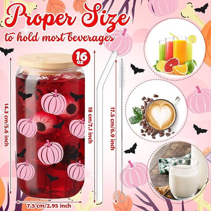 Sliner 2 Pcs Halloween Glass Cups Pink Pumpkin Bat Drinking Tumbler Fall Thanksgiving Gifts 16 oz Cute Iced Coffee Cup with Lid Straw Cleaning Brush for Autumn Home Office Holiday Decorations