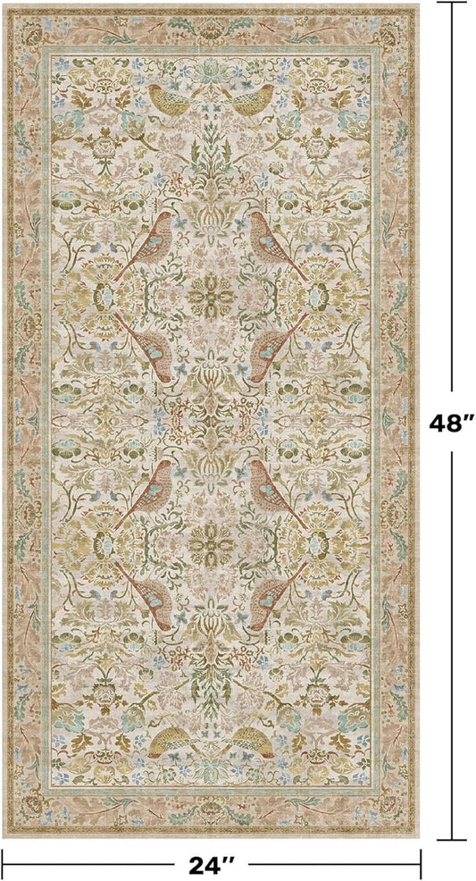 Beige 2x4 Washable Rug for Bathroom, Entryway Non Slip - Soft Low Pile Boho Small Throw Rugs for Kitchen, Powder Room - Unique Boho Bird Botanical Decorative Door Mats Stain Resistant
