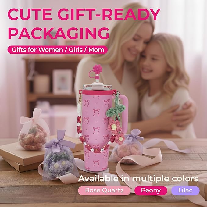 Stanley Cup Accessories Set for 40/30 oz Tumbler, Including Handle Strap, Silicone Straw Topper Cover, Charm, Original Bows Decal Sticker, Cute Birthday Gifts for Women Her Mom Daughter