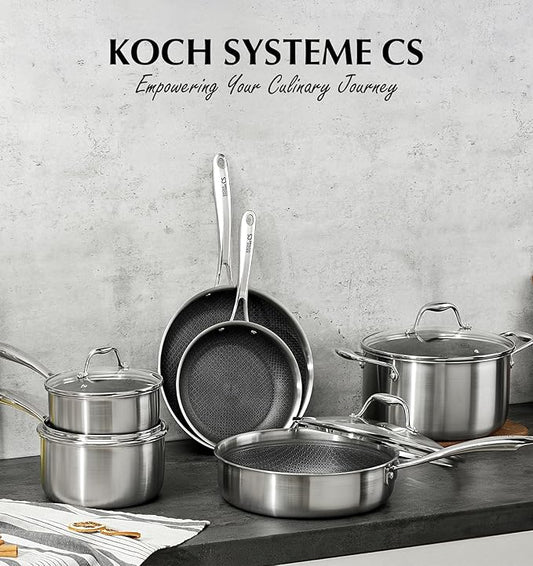 KOCH SYSTEME CS Triply Stainless Steel Cookware Set 10 Piece, Nonstick Hybird Stainless Steel Pots and Pans Set, Kitchen Cookware Set with Honeycomb Interior, 18/10 Steel, Induction Compatible